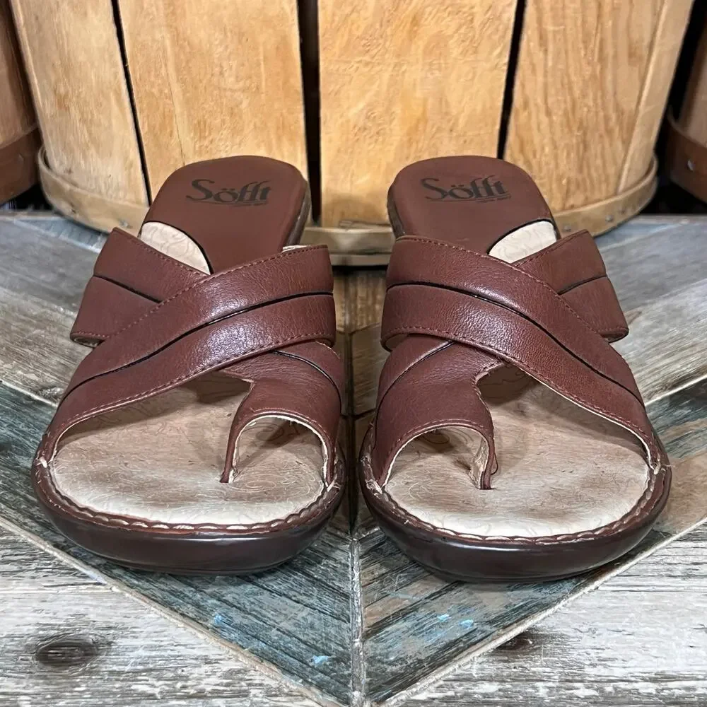 Sofft Brown Leather Toe Loop Thong Wedge Heeled Sandals Womens Size 8